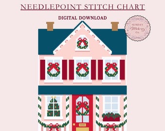 Rosa Weihnachts Cottage Dorf Kreuzstich Stickmuster - Weihnachten zu Hause PDF digitaler Download, Kreuzstich Anleitung, Stickmuster auf Leinwand