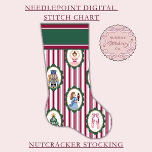 May include: Needlepoint digital stitch chart for a Nutcracker stocking. The stocking features a green and burgundy striped pattern with oval portraits of Nutcracker characters and ballet dancers. The text "Sunday Stitching Co." is also visible.