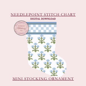 May include: Needlepoint stitch chart for a mini stocking ornament featuring a blue and white checked pattern and a floral design. The chart is a digital download from Sunday Stitching Co.