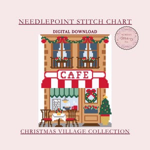 May include: A digital needlepoint stitch chart featuring a pixelated cafe scene from the Christmas Village Collection. The cafe has a red and white striped awning, a wreath, and a Christmas tree. The text "CAFE" is displayed above the awning.