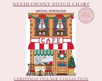 Christmas Village Cafe Needlepoint Chart - coffee shop PDF digital download, counted Cross Stitch pattern, DIY charted Xmas ornament