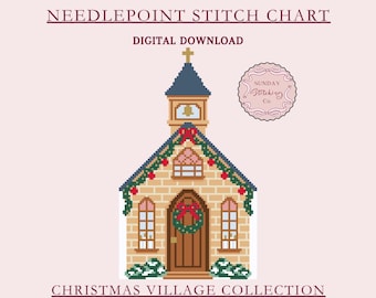 May include: A digital needlepoint stitch chart featuring a pixelated Christmas village church. The church has a brown door, windows, and a red wreath. The text reads "Needlepoint Stitch Chart", "Digital Download", and "Christmas Village Collection". A circular logo is in the upper right.