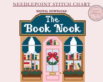 Christmas Village Needlepoint Chart “Book Nook” shop, digital download, counted cross Stitch Chart, DIY charted canvas pattern for ornament