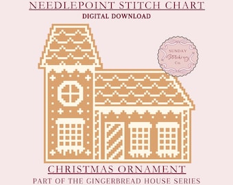 Gingerbread House Needlepoint Chart: Christmas Ornament Pattern, Digital PDF Download, counted cross stitch