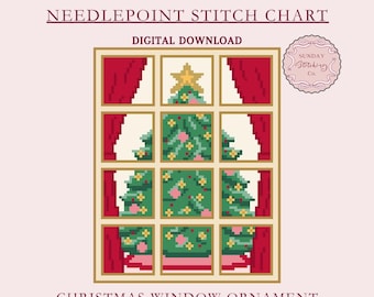 Christmas Needlepoint Chart - Tree in Window Ornament - Digital PDF download, counted cross stitch Xmas pattern