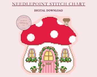 Toadstool House Needlepoint Chart - Fairy Village digital PDF download, Mushroom cross stitch pattern