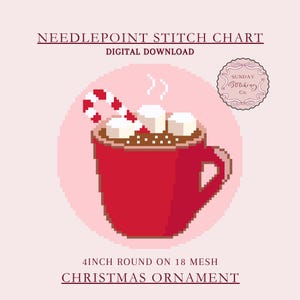 Christmas Needlepoint Chart, Hot Chocolate Round Ornament - 18 mesh 4inch Digital PDF download, counted Cross Stitch pattern