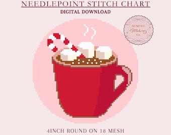 Christmas Needlepoint Chart, Hot Chocolate Round Ornament - 18 mesh 4inch Digital PDF download, counted Cross Stitch pattern