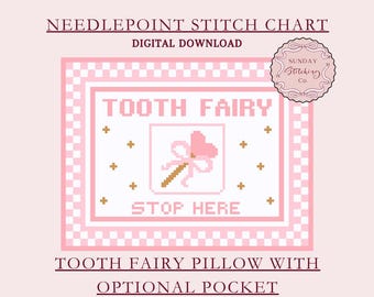 Needlepoint Chart Tooth Fairy Pillow with pocket, Counted Cross Stitch pattern, digital PDF download, DIY painted canvas, charted design