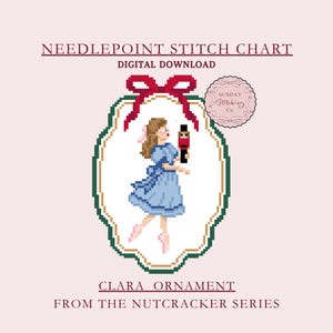 Puede incluir: Un gráfico de punto de cruz digital con el texto "Needlepoint Stitch Chart Digital Download". La imagen presenta una ilustración pixelada de una niña con un vestido azul sosteniendo un cascanueces, con el texto "Clara Ornament From The Nutcracker Series".
