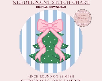 Needlepoint Round Ornament Chart Christmas Tree with Bow, 18 mesh 4in round, Digital PDF pattern, Cross Stitch Chart, DIY holiday canvas