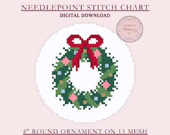 Needlepoint Christmas Ornament Chart - Wreath 4inch round on 13 mesh, digital PDF download, Cross Stitch pattern
