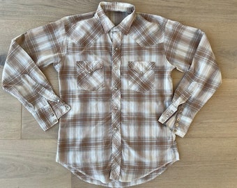 Vintage Men's Western Plaid Shirt with Pearl Snap Buttons, Light Brown and White