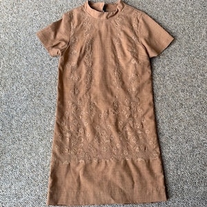 Beautiful Vintage 1960's Embroidered Shift Dress in Light Brown Heather and Fully Lined image 1