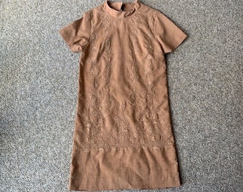 Beautiful Vintage 1960's Embroidered Shift Dress in Light Brown Heather and Fully Lined