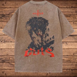 Camiseta de anime vintage, camiseta japonesa retro con lavado, camiseta manga extragrande, ropa urbana unisex con lavado ácido, estética otaku – Guts Berserk