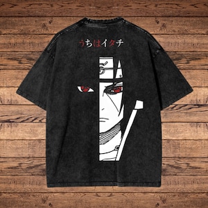 Camiseta de anime vintage, camiseta japonesa retro lavada, camiseta manga extragrande, ropa urbana unisex con lavado ácido – Itachi Uchiha