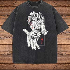 Vintage anime-shirt, retro gewassen Japans grafisch T-shirt, oversized manga-T-shirt, uniseks acid wash streetwear, Otaku Aesthetic - Hisoka