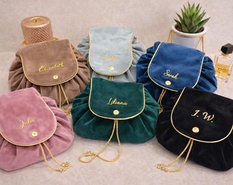 Personalized Round Makeup Bag | Large Drawstring Velvet Cosmetic Bag | Custom Name Makeup Organizer | Gift for Her