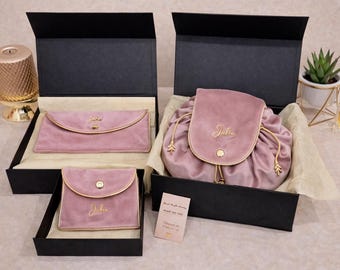 Personalized Velvet Makeup Bag Set – Custom Name Luxury Cosmetic Pouch