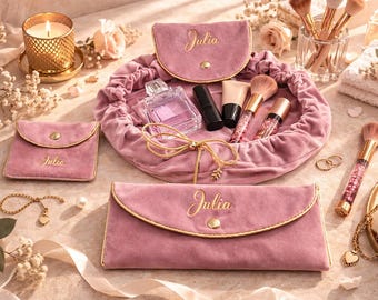 Personalized Velvet Makeup Bag Set | 3 Piece Cosmetic Bag Set with Name | Round, Long & Small | Gift for Her