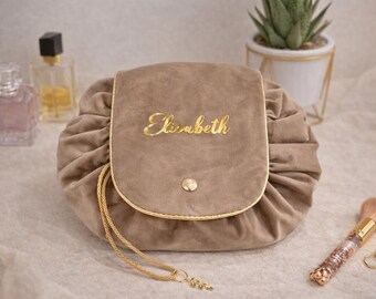 Personalized Round Makeup Bag | Large Drawstring Velvet Cosmetic Bag | Custom Name Makeup Organizer | Gift for Her