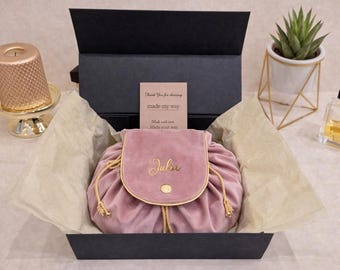 Personalized Round Makeup Bag | Large Drawstring Velvet Cosmetic Bag | Custom Name Makeup Organizer | Gift for Her