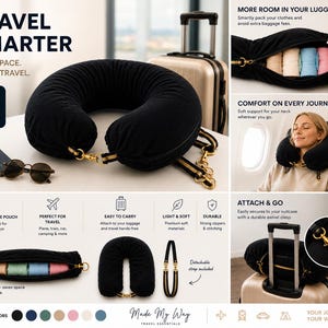 Peut inclure: Oreiller de voyage noir avec une pochette de rangement cachée. L'oreiller est conçu pour le confort et la commodité, avec une sangle détachable et un fermoir pivotant. Le texte sur l'image dit "Travel Smarter" et "2in1 Pillow + Storage Pouch".