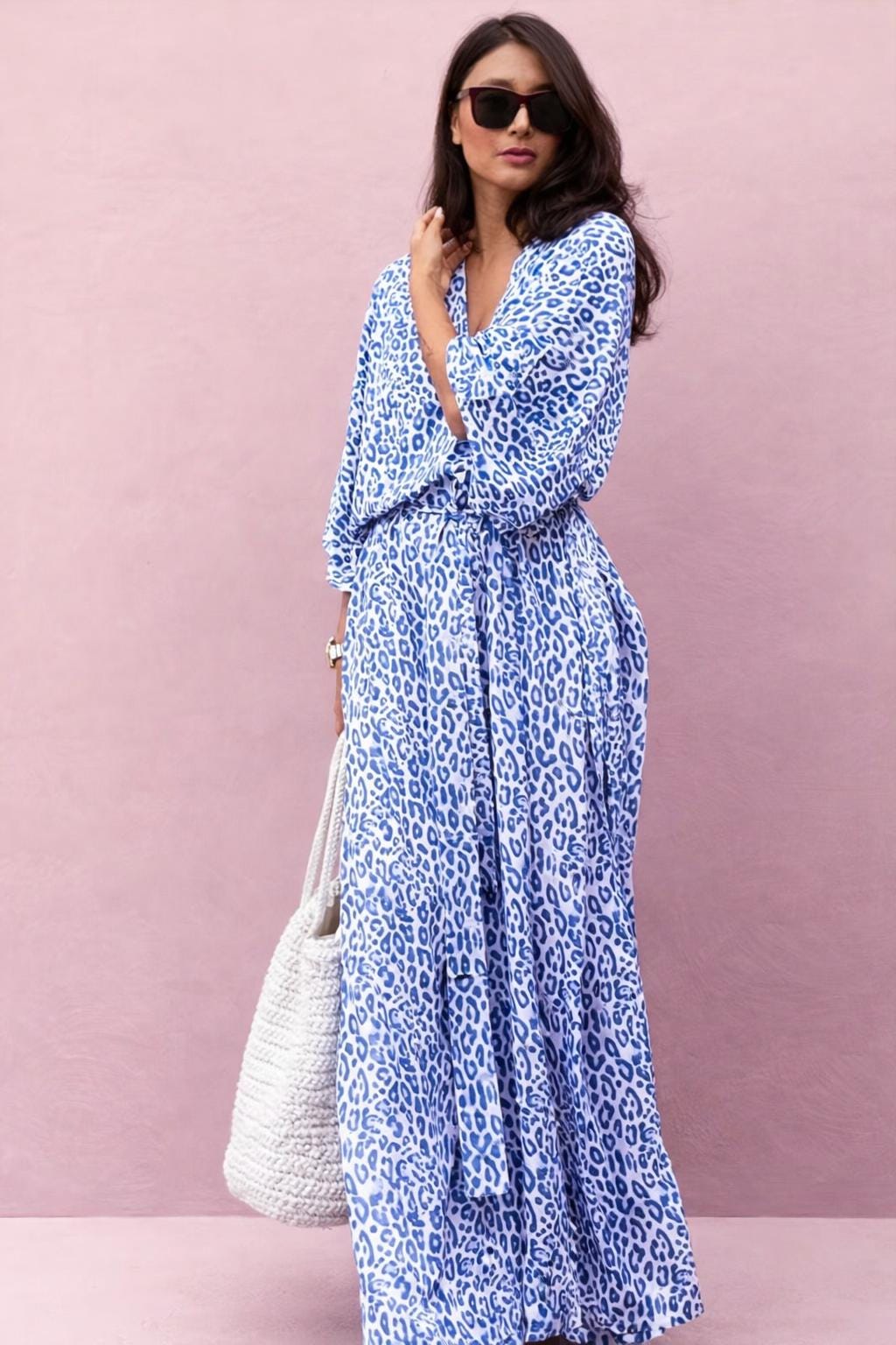 cheetah print dress with blue flowers JULIANNA DRESS