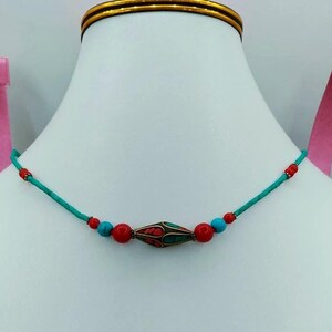 Natural Turquoise and Coral Pendant – Handmade Tribal Jewelry –  Healing Stone Necklace