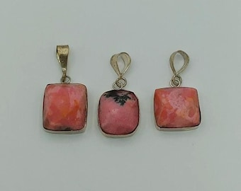 Natural 3 Piece Rhodonite Pendant – Pink & Black Healing Stone Necklace for Love and Balance