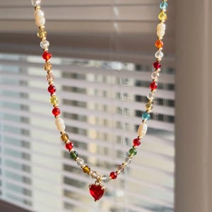 Tiny Colorful Gemstone &Fresh Water Pearl Beaded Necklace, Dainty Faceted Gemstone Necklace, Waterproof Crystal Handmade Jewelry Necklace