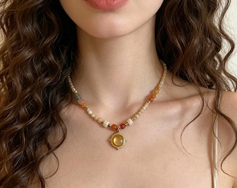 Collana di perline di pietre naturali multicolore, gioielli estivi, collana di perle, girocollo da spiaggia