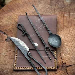 Medieval eating tools Set Handforged viking utensils. Cutlery set of 4 Pcs best gifts for him. valentines day gifts, Premium Leather Pouch