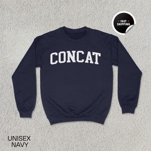 May include: A navy blue sweatshirt with the word "CONCAT" printed in white on the front.