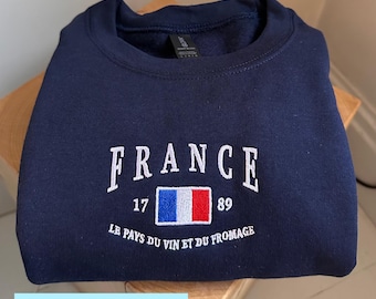 Sudadera de Francia, bordado de Francia, regalo de Francia, recuerdo de Francia, camiseta de Francia, camiseta suave y cómoda, sudadera con capucha bordada, camiseta
