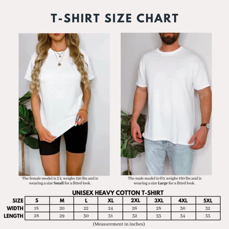May include: Unisex t-shirt size chart with measurements in inches for width and length. Sizes range from Small to 5XL.