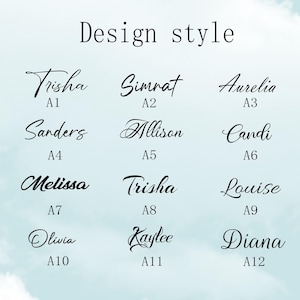 May include: A graphic displaying various name designs in a cursive font, with the words "Design style" at the top. Names include Trisha, Simrat, Aurelia, Sanders, Allison, Candi, Melissa, Louise, Olivia, Kaylee, and Diana.