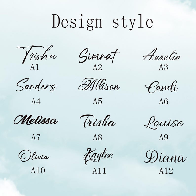May include: A graphic displaying various name designs in a cursive font, with the words "Design style" at the top. Names include Trisha, Simrat, Aurelia, Sanders, Allison, Candi, Melissa, Louise, Olivia, Kaylee, and Diana.