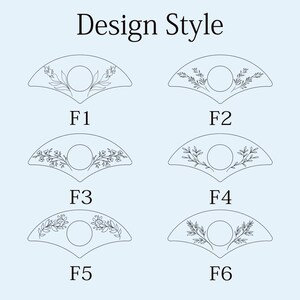 May include: A light blue graphic with the text "Design Style" at the top. Below are six fan-shaped designs, each with a central circle and floral or leaf patterns. Each design is labeled F1 through F6.