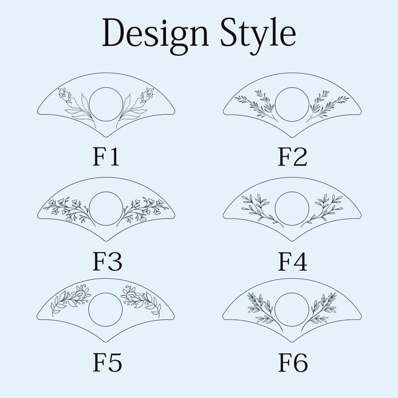 May include: A light blue graphic with the text "Design Style" at the top. Below are six fan-shaped designs, each with a central circle and floral or leaf patterns. Each design is labeled F1 through F6.