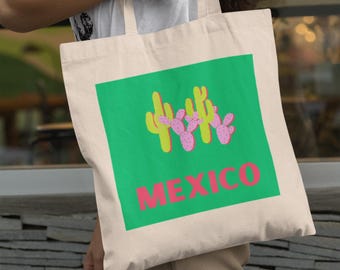 Mexico Cactus Cotton Canvas Tote Bag, Eco-Friendly Grocery Beach Bag