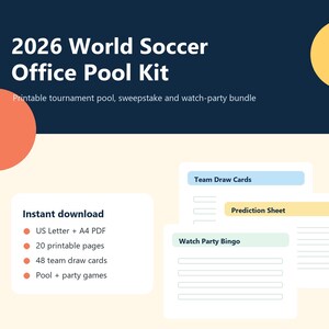 Könnte beinhalten: Digitaler Download für ein 2026 World Soccer Office Pool Kit. Das Kit enthält druckbare Seiten, Team-Ziehungs-Karten und Watch Party Bingo. Der Text auf dem Bild lautet "Sofort-Download" und listet den Inhalt auf.
