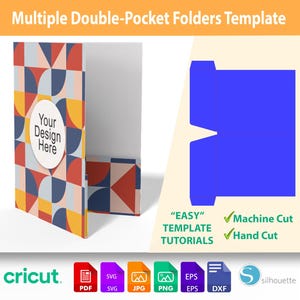 May include: A double-pocket folder template with a geometric design in red, blue, yellow, and white. The text "Your Design Here" is on a white circle. The image also includes a blue folder outline and the words "EASY TEMPLATE TUTORIALS".