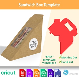 以下が含まれることがあります： 透明な窓、赤いグラフィック、および「Sandwich Box Template」というテキストが付いた茶色のサンドイッチボックステンプレート。「Your Design Here」、「EASY TEMPLATE TUTORIALS」というテキストとファイルタイプのアイコンが含まれています。