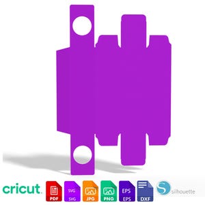 May include: A purple cardboard box template with cut-out circles on the top and bottom. The template is designed for a small box, such as a gift box or a jewelry box.