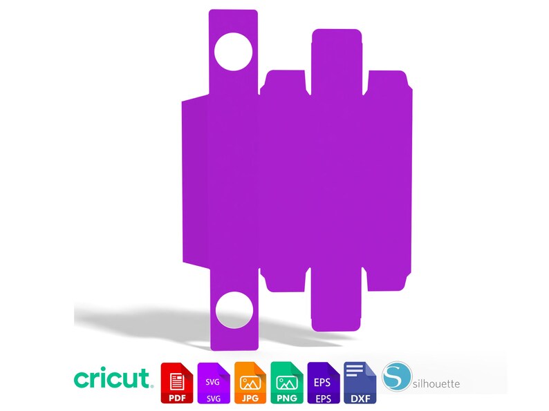 May include: A purple cardboard box template with cut-out circles on the top and bottom. The template is designed for a small box, such as a gift box or a jewelry box.
