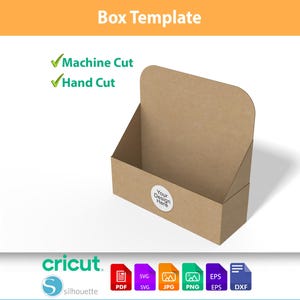 May include: A brown cardboard box template with a tall back panel and a front display area. The text "Box Template" appears at the top, with "Machine Cut" and "Hand Cut" listed below. A circular "Your Design Here" label is on the front.