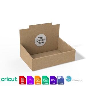 Könnte beinhalten: Eine braune Karton-Ausstellungsbox mit rechteckiger Basis und Rückwand. Ein weißer runder Aufkleber auf der Rückwand lautet "Your Design Here". Das Cricut-Logo und Dateityp-Symbole befinden sich unten.