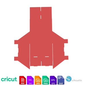 Op de afbeelding: Een rood, geometrisch ontwerp, mogelijk voor een knutselproject, met snijlijnen en lipjes. De afbeelding bevat het Cricut-logo en bestandstype-pictogrammen voor PDF, SVG, JPG, PNG, EPS en DXF.